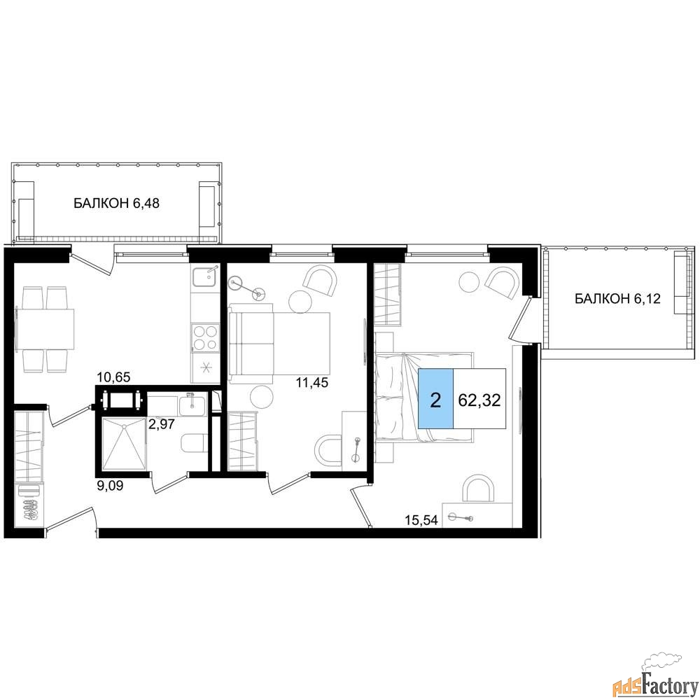 2 - комн. квартира, 62.32 м², 2/9 эт.