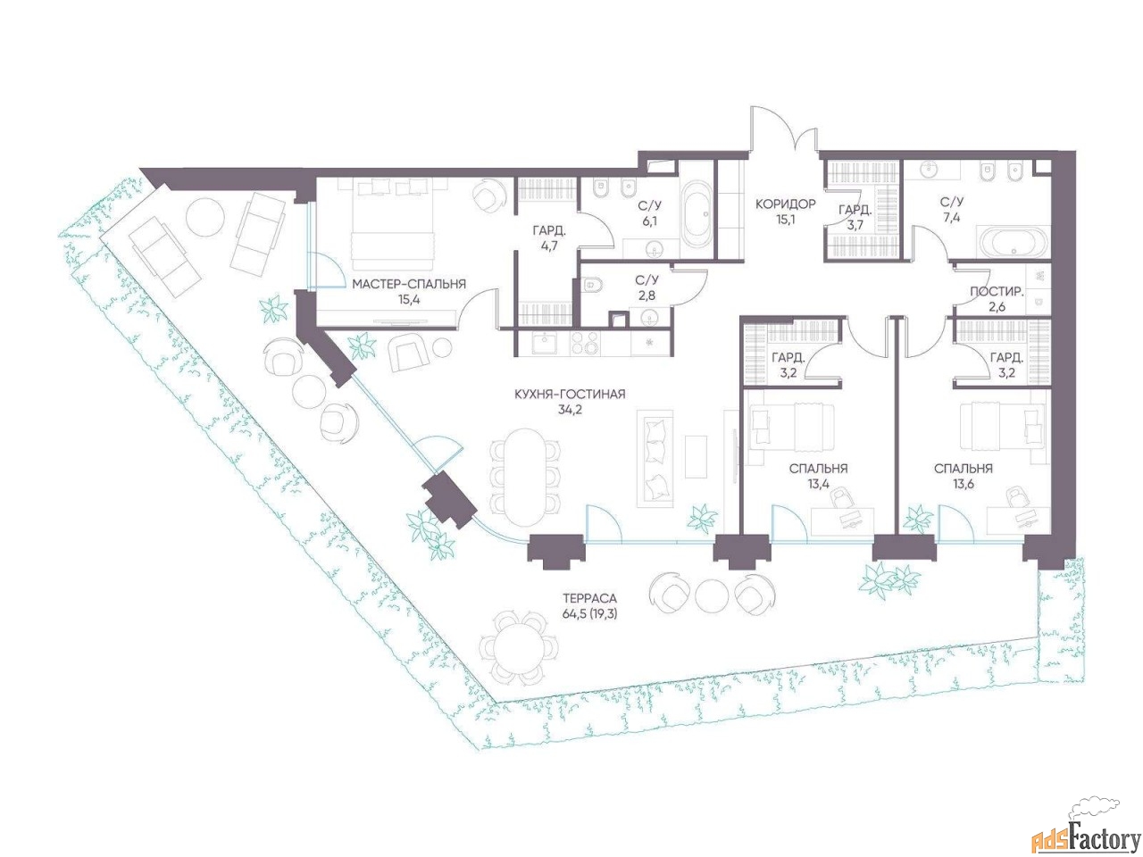 3 - комн.  квартира, 144.7 м², 2/11 эт.