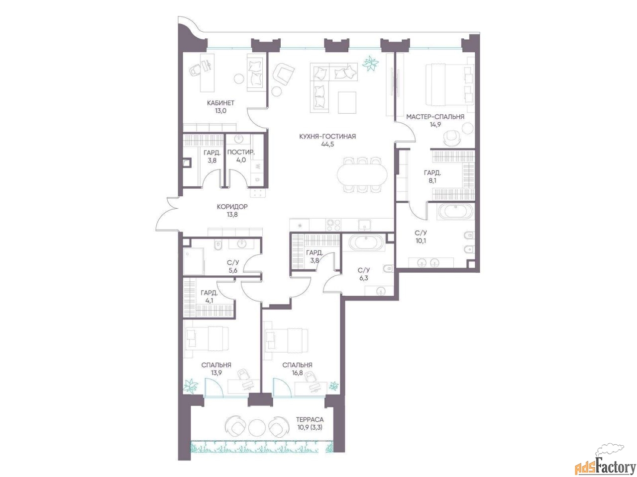 4 - комн.  квартира, 166 м², 2/11 эт.