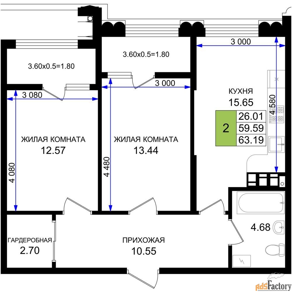 2 - комн. квартира, 63.19 м², 2/8 эт.