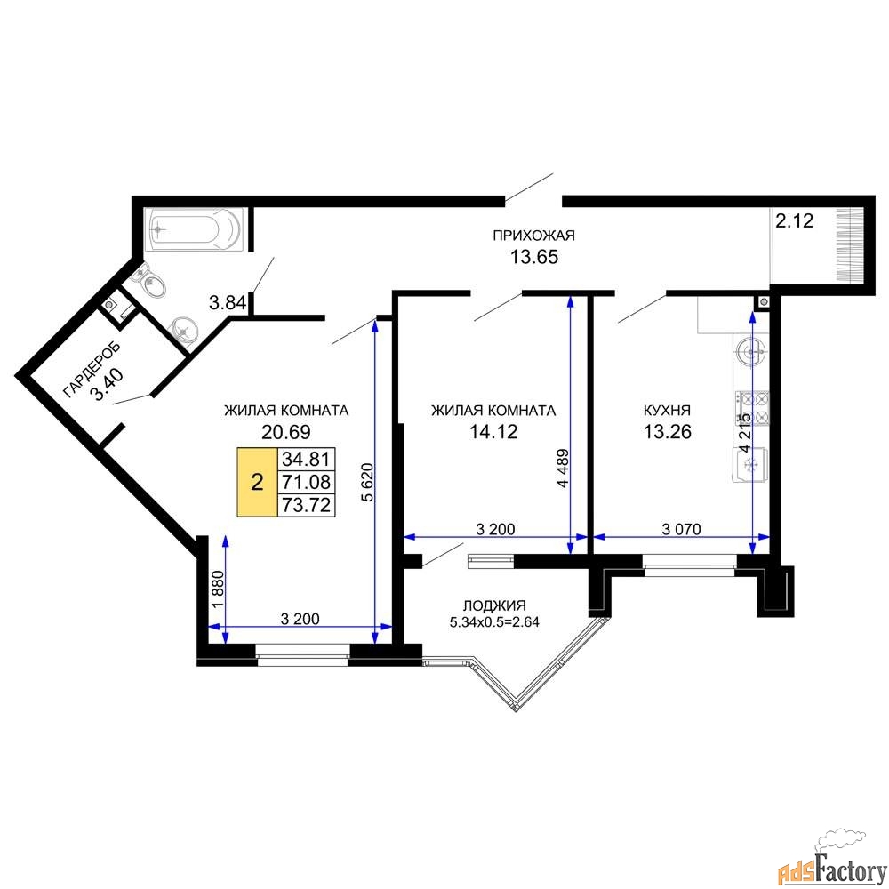 2 - комн. квартира, 73.95 м², 1/12 эт.