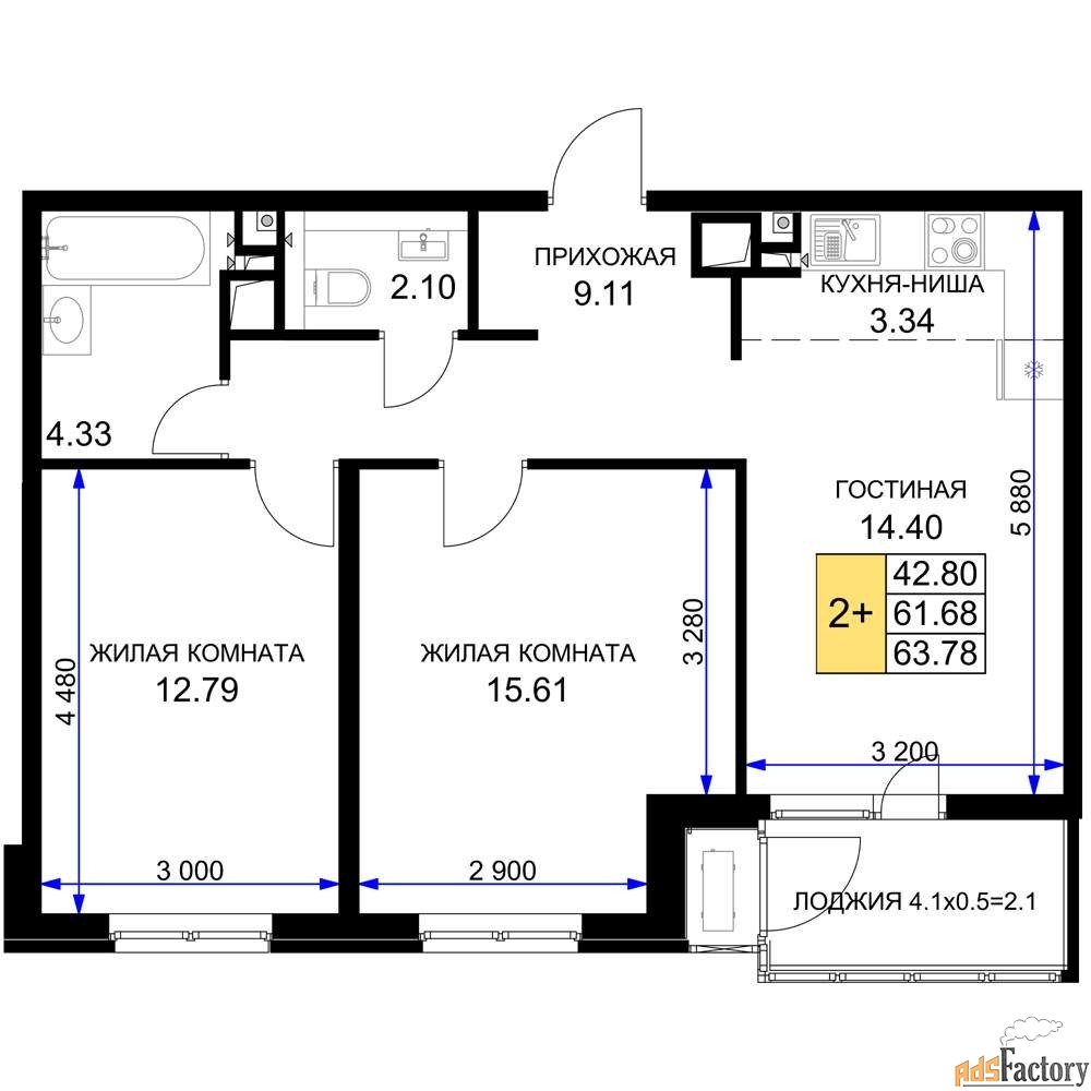 2 - комн. квартира, 64.7 м², 3/16 эт.