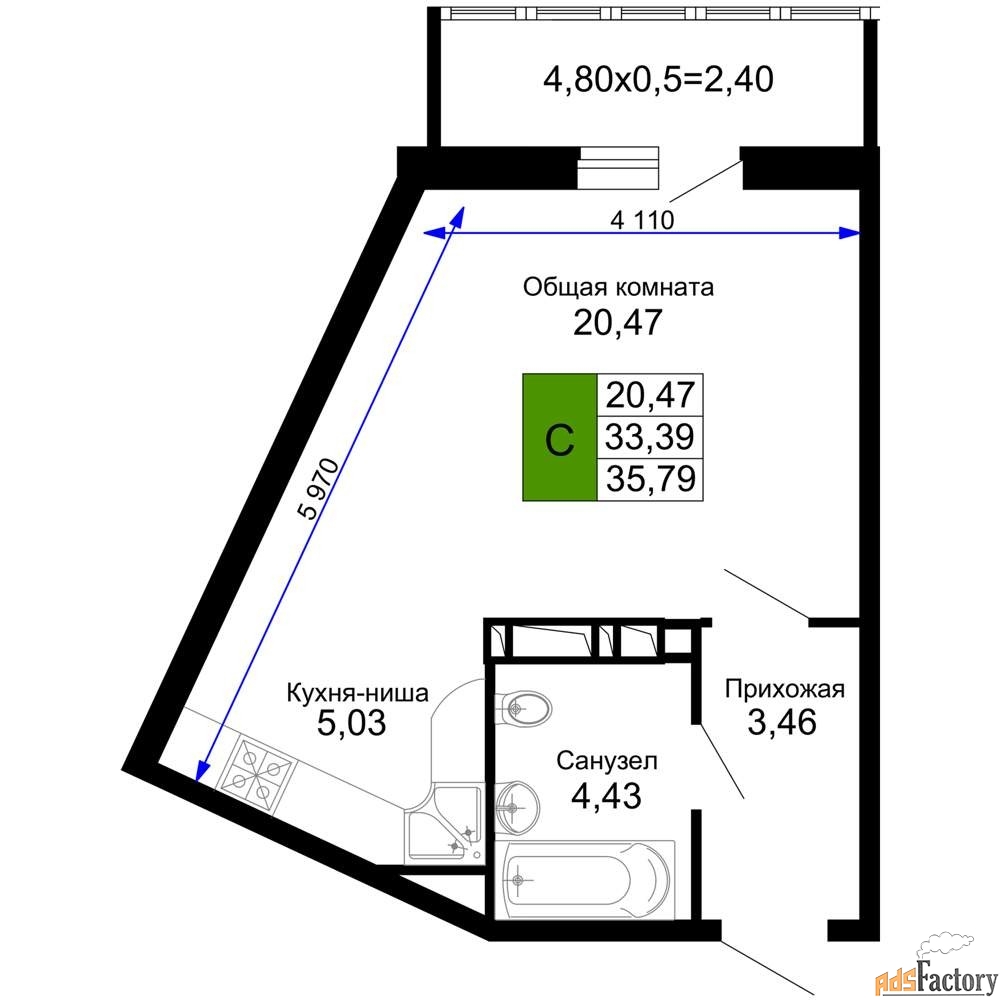 1 - комн. квартира, 35.79 м², 15/15 эт.