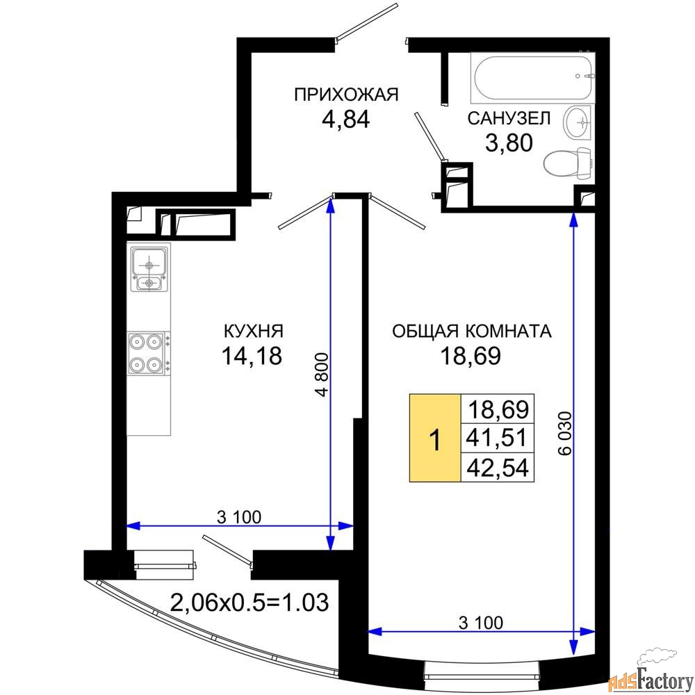 1 - комн. квартира, 42.54 м², 17/19 эт.