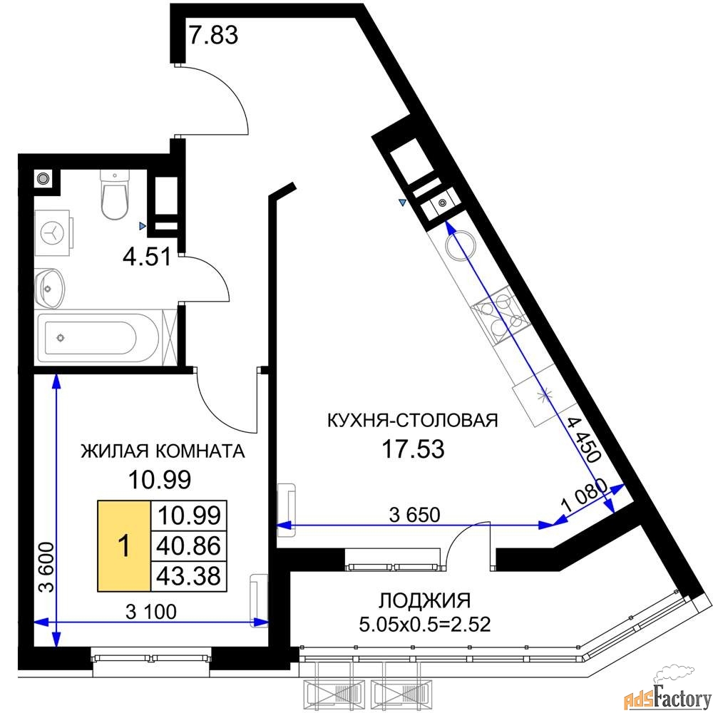 1 - комн. квартира, 43.38 м², 11/18 эт.