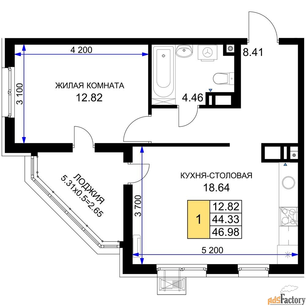 1 - комн. квартира, 46.98 м², 11/18 эт.