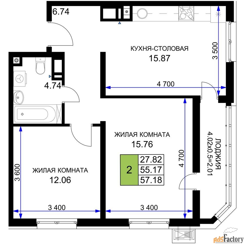 2 - комн. квартира, 57.18 м², 8/18 эт.