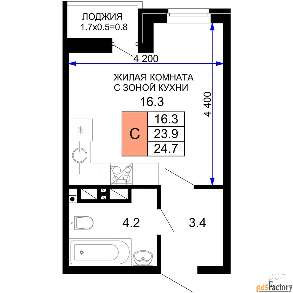 1 - комн. квартира, 24.7 м², 14/16 эт.