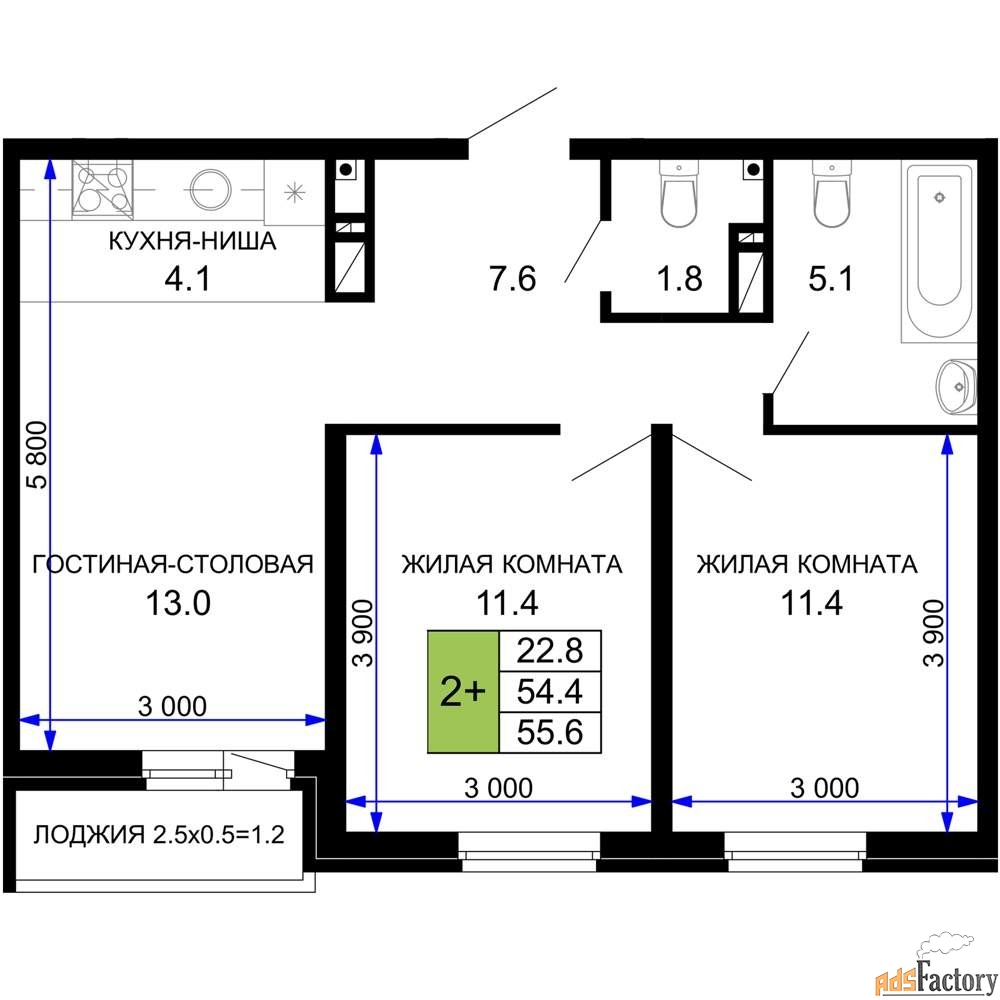 2 - комн. квартира, 56.55 м², 9/16 эт.