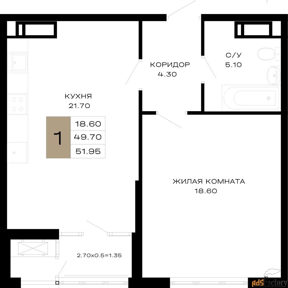 1 - комн. квартира, 51.95 м², 4/23 эт.