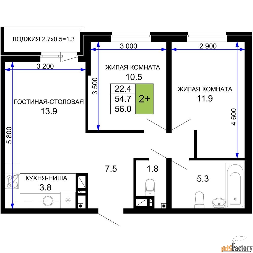 2 - комн. квартира, 58.15 м², 12/16 эт.
