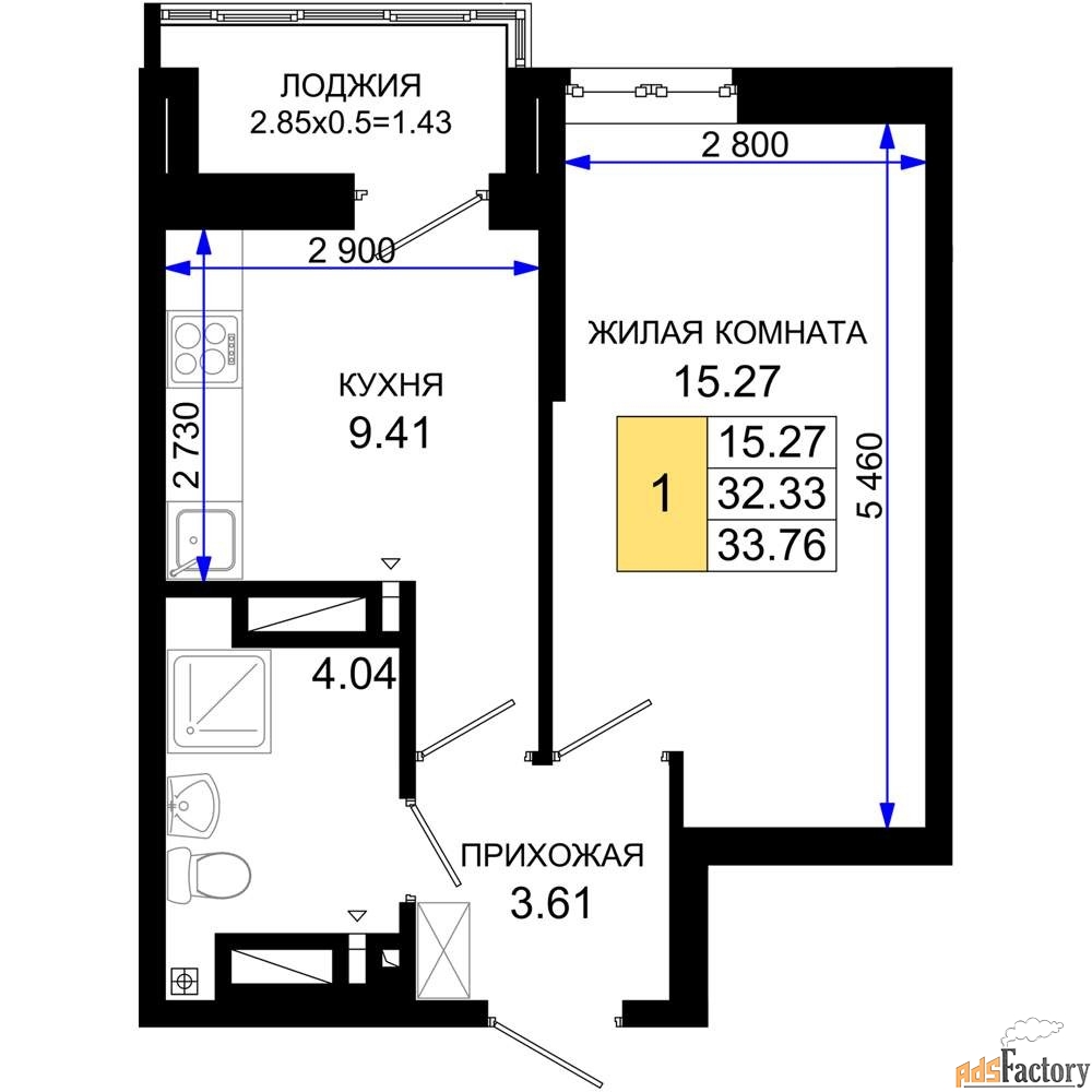 1 - комн. квартира, 33.76 м², 25/25 эт.