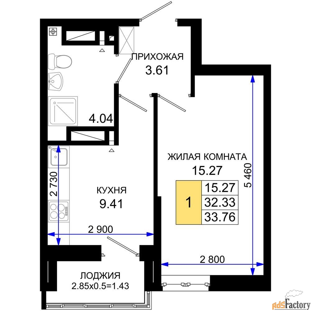 1 - комн. квартира, 33.76 м², 23/25 эт.