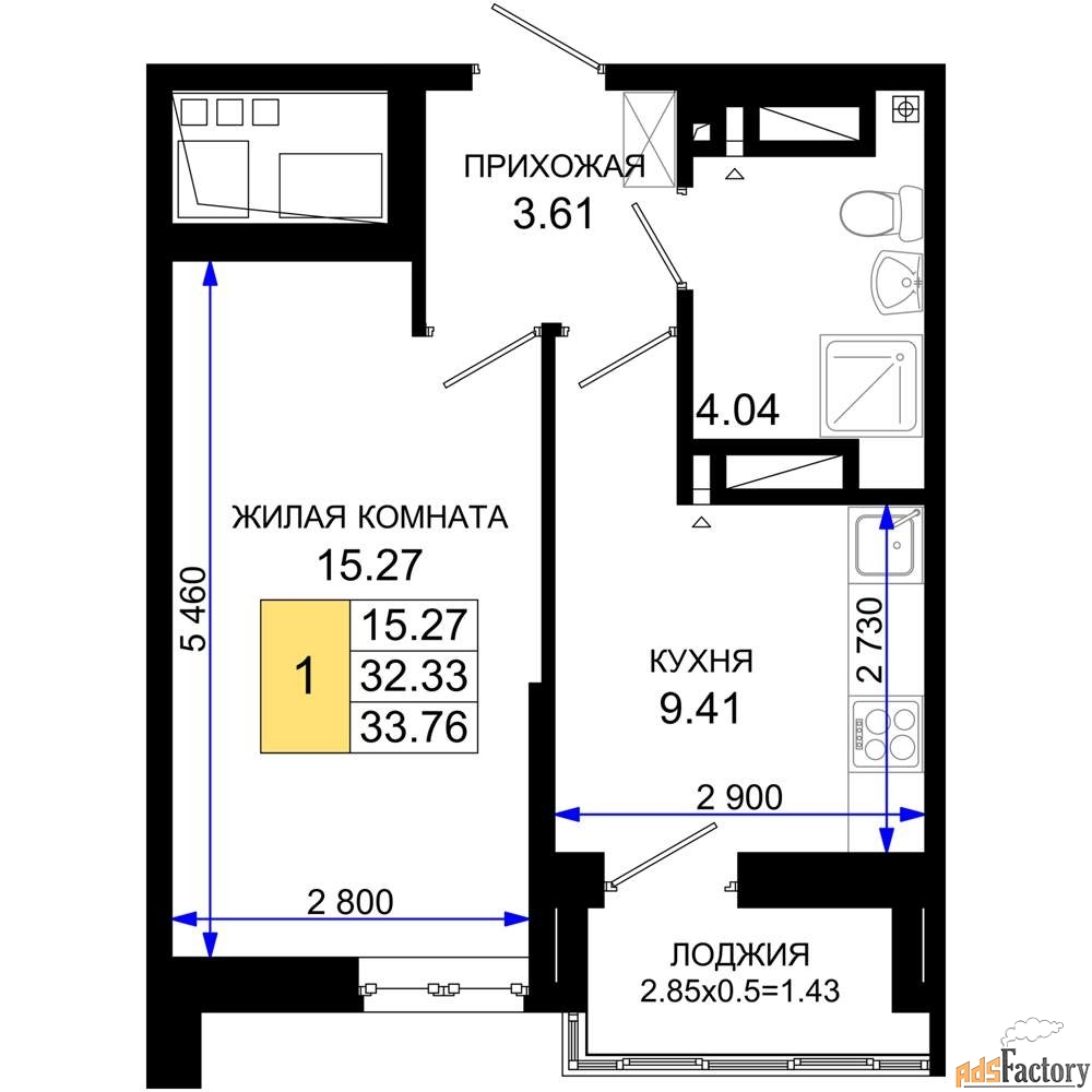 1 - комн. квартира, 33.76 м², 24/25 эт.