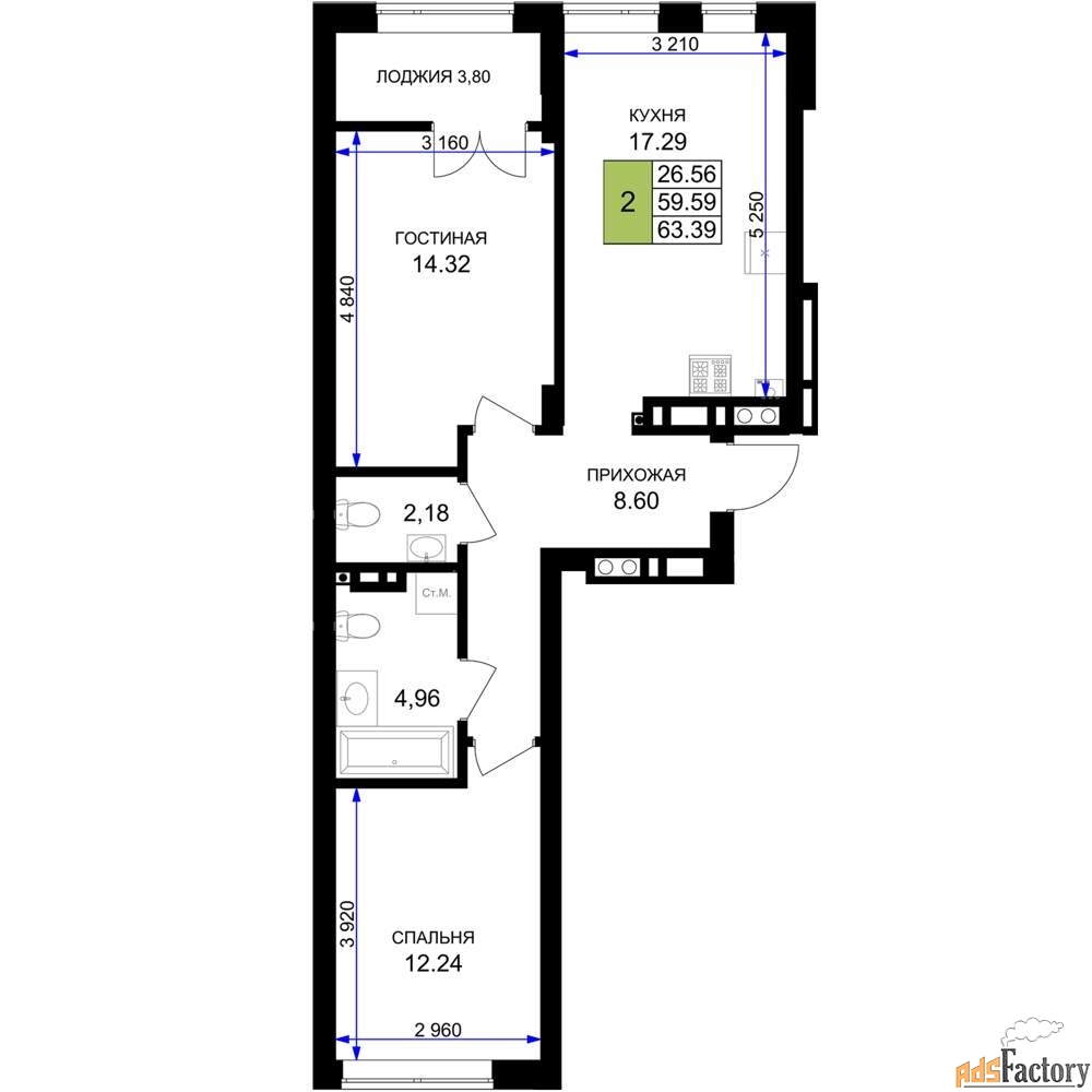 2 - комн. квартира, 63.39 м², 2/7 эт.