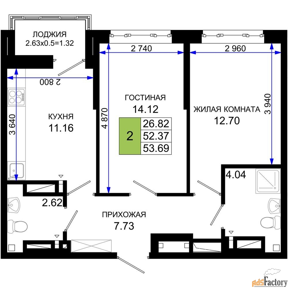 2 - комн. квартира, 53.69 м², 19/25 эт.