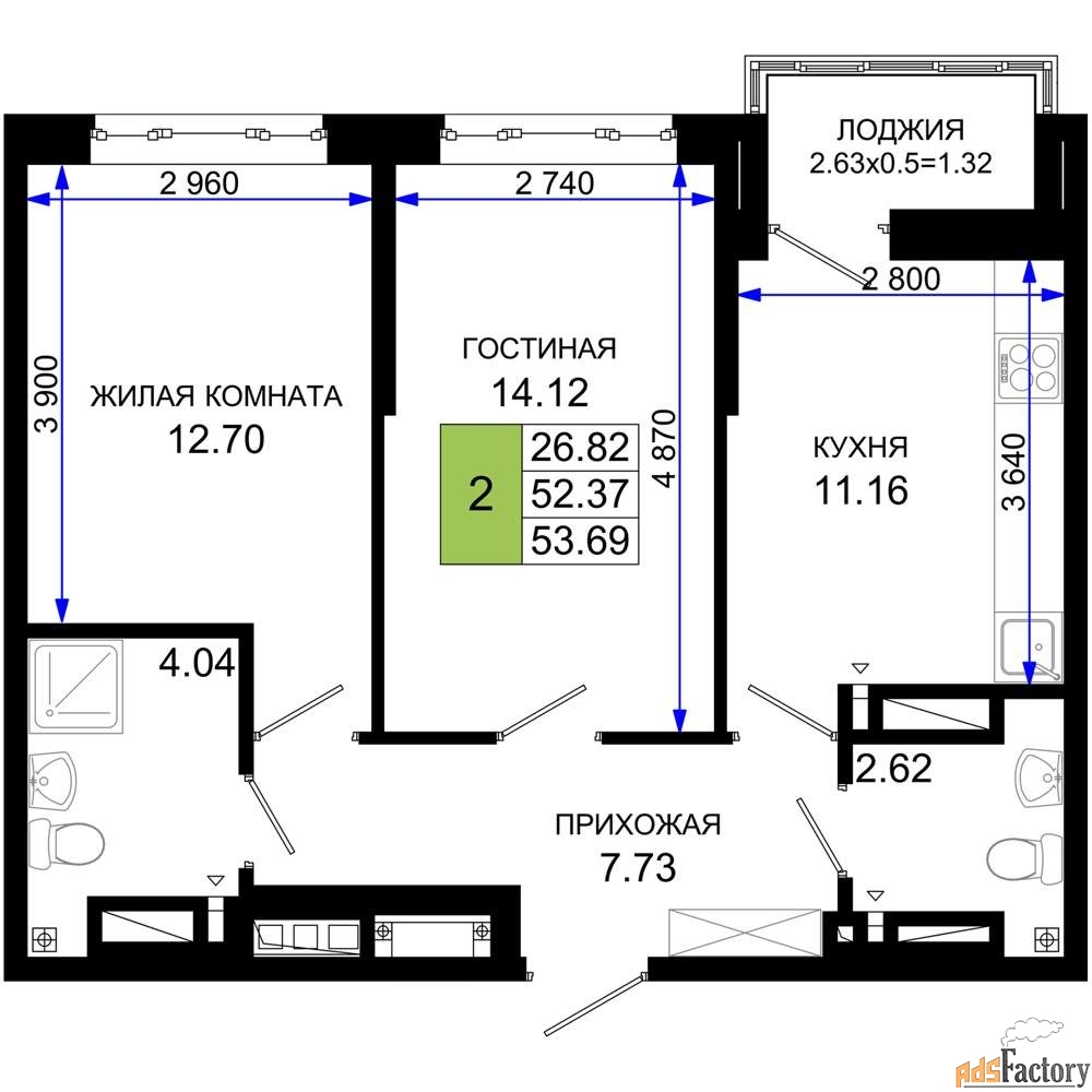 2 - комн. квартира, 53.69 м², 12/25 эт.