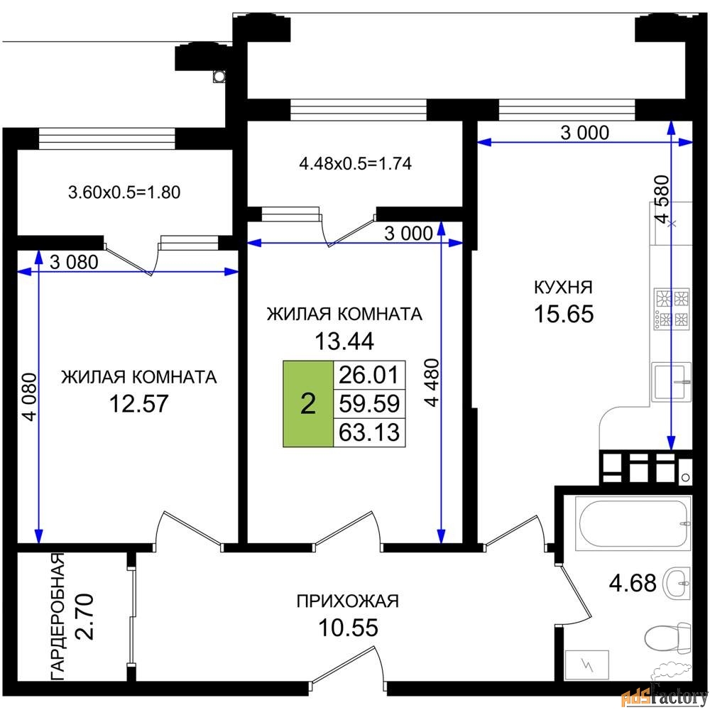 2 - комн. квартира, 63.13 м², 2/8 эт.