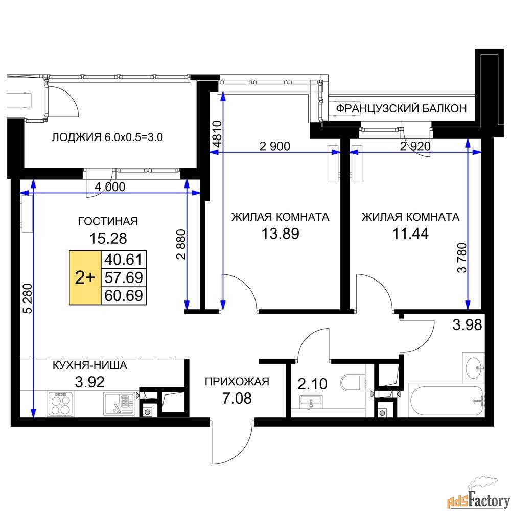 2 - комн. квартира, 60 м², 15/16 эт.