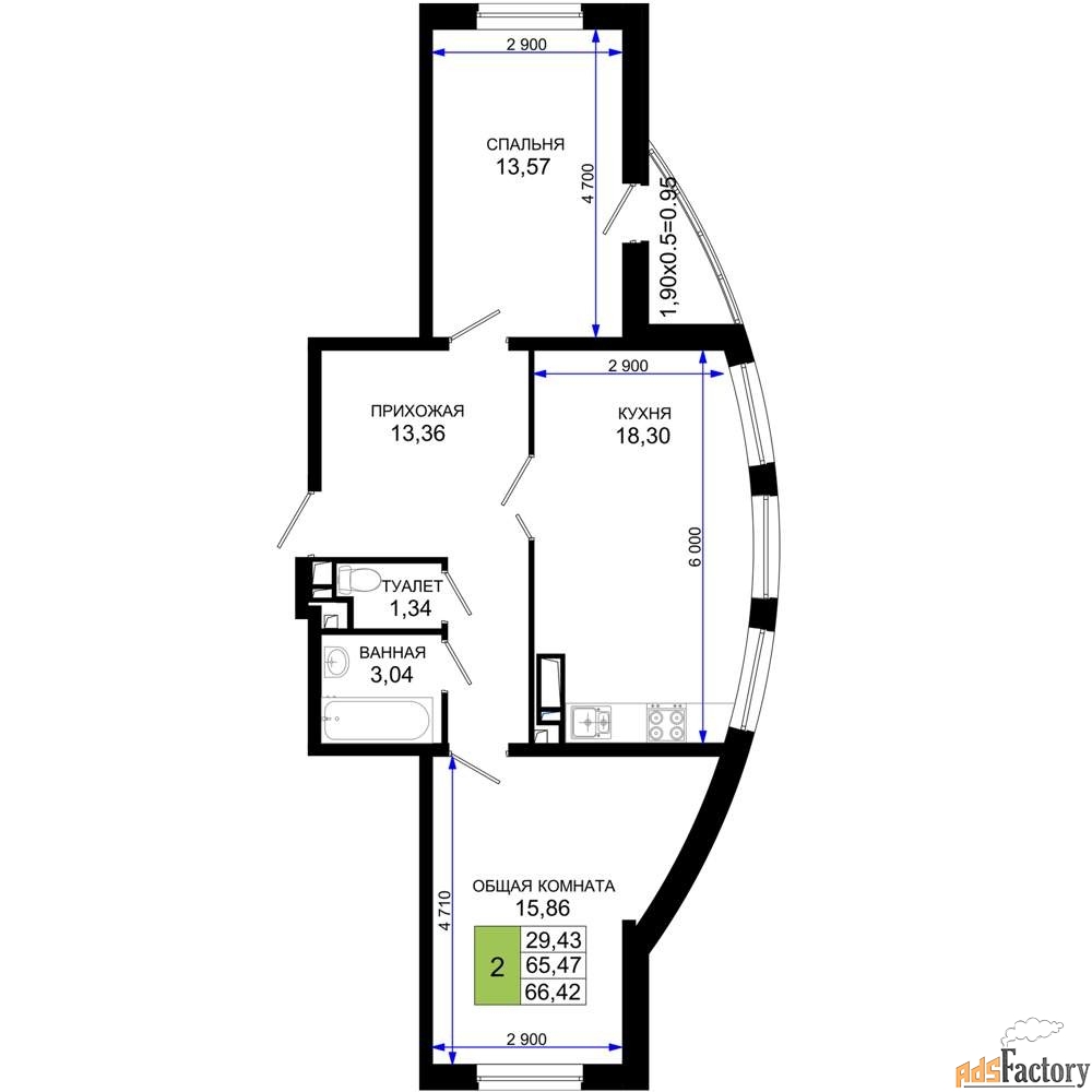 2 - комн. квартира, 66.42 м², 18/19 эт.