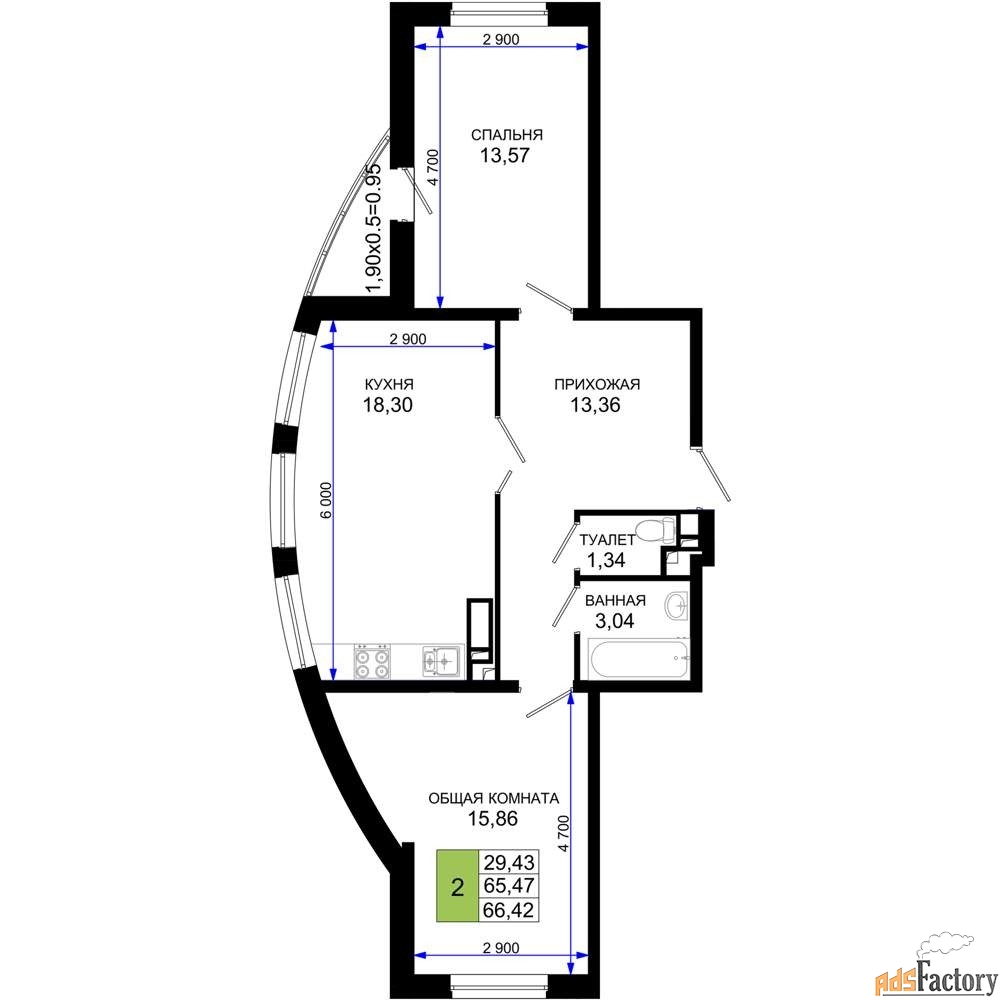 2 - комн. квартира, 66.42 м², 4/19 эт.