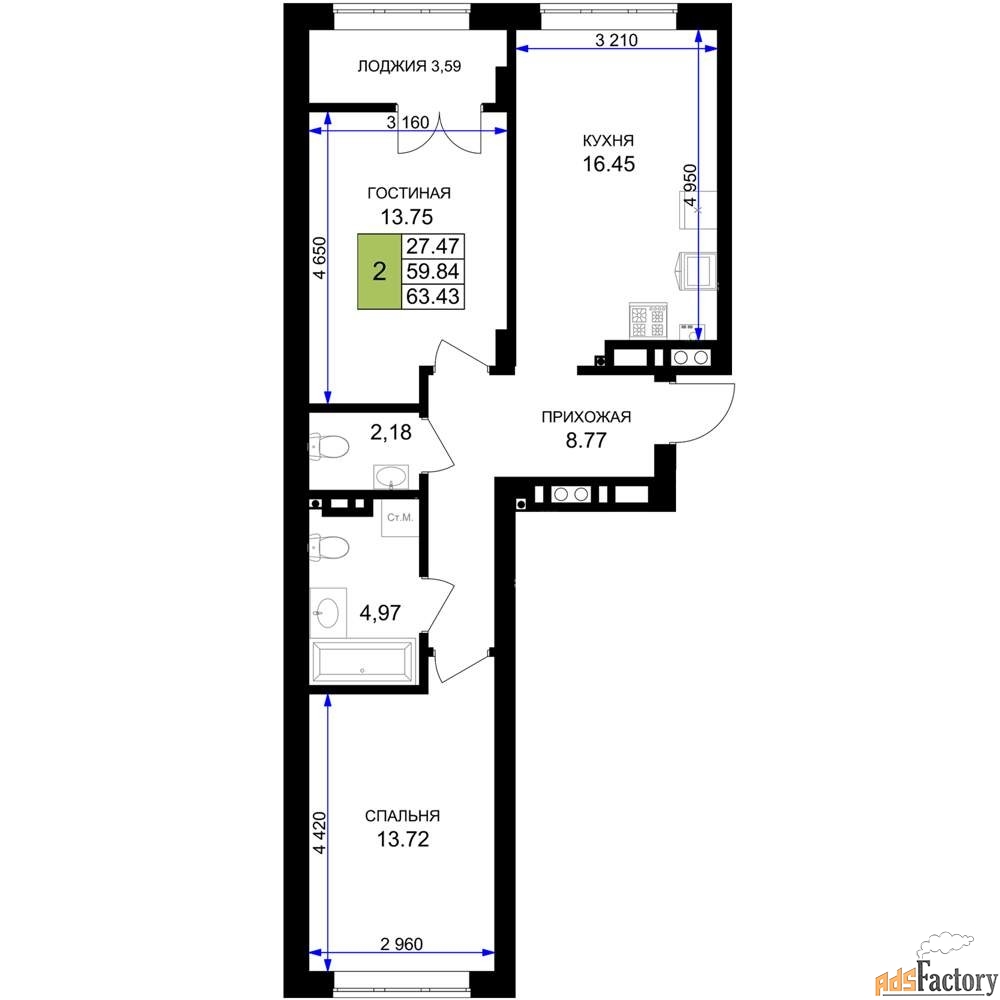 2 - комн. квартира, 63.43 м², 3/7 эт.