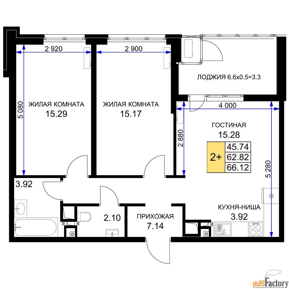 2 - комн. квартира, 64.15 м², 16/16 эт.