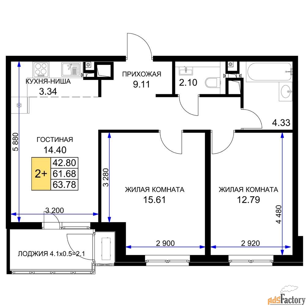 2 - комн. квартира, 64.75 м², 5/16 эт.