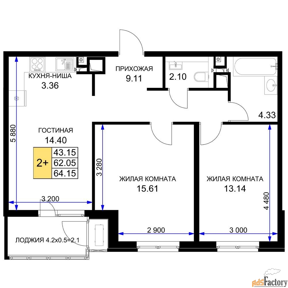 2 - комн. квартира, 64.7 м², 13/16 эт.