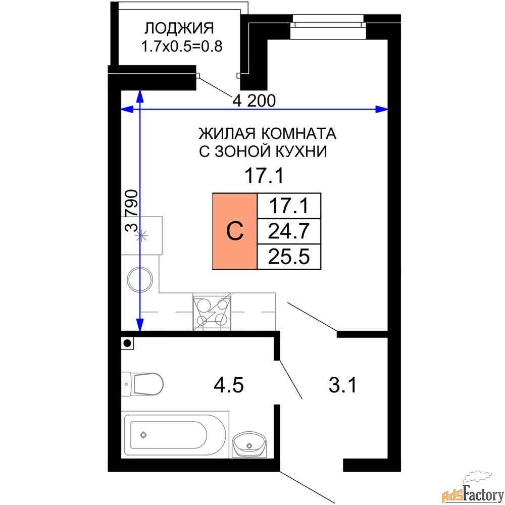 1 - комн. квартира, 25.5 м², 2/16 эт.