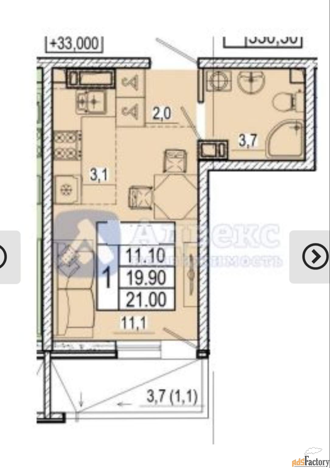 1 - комн. квартира, 21 м², 4/18 эт.