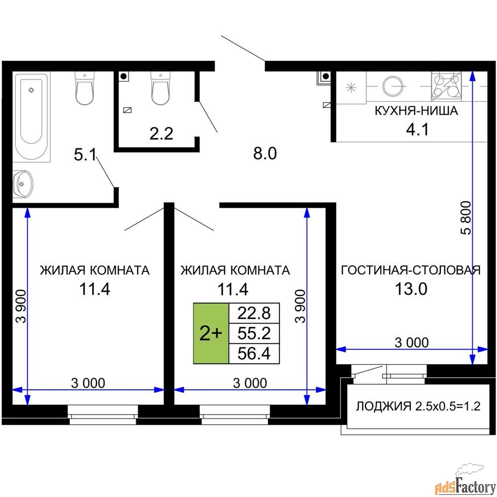 2 - комн. квартира, 57.25 м², 2/16 эт.