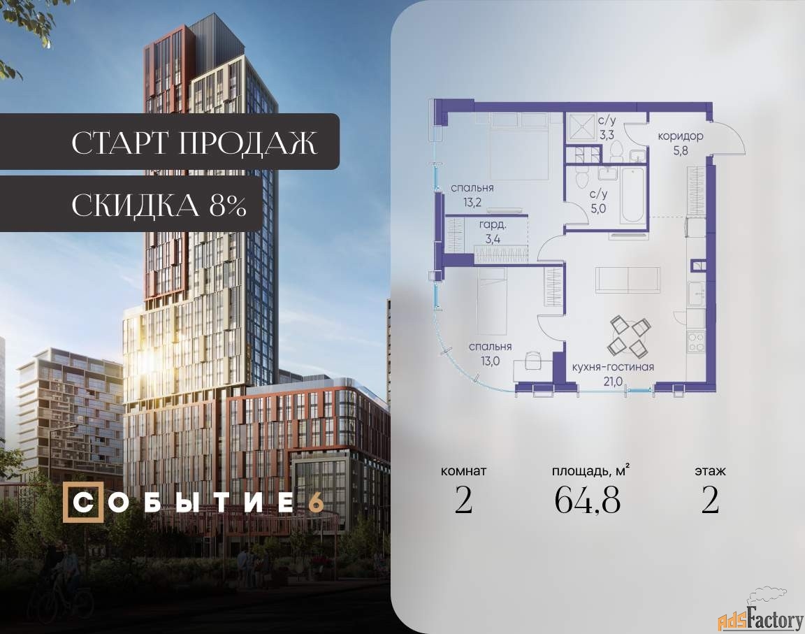 2 - комн. квартира, 64.8 м², 2/38 эт.