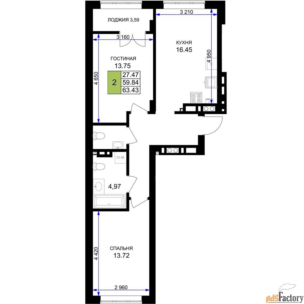 2 - комн. квартира, 63.43 м², 7/7 эт.