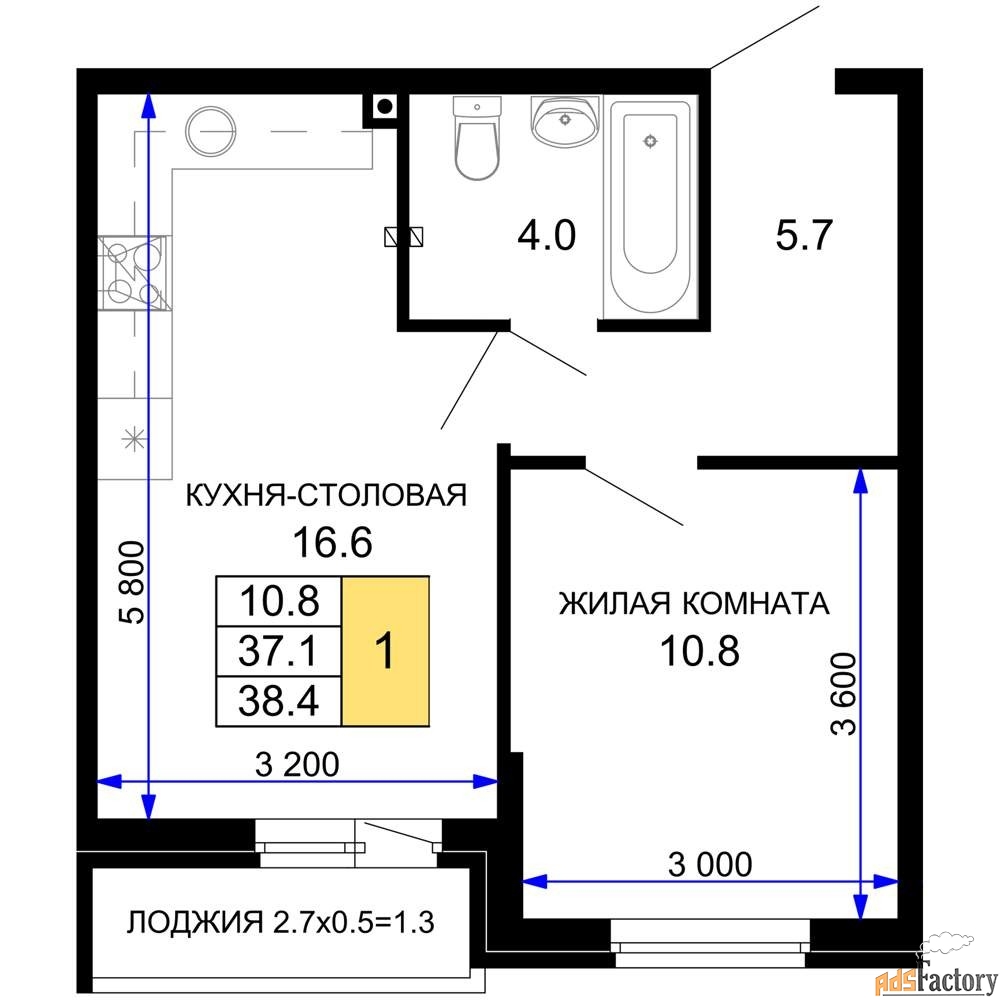 1 - комн. квартира, 38.4 м², 2/16 эт.