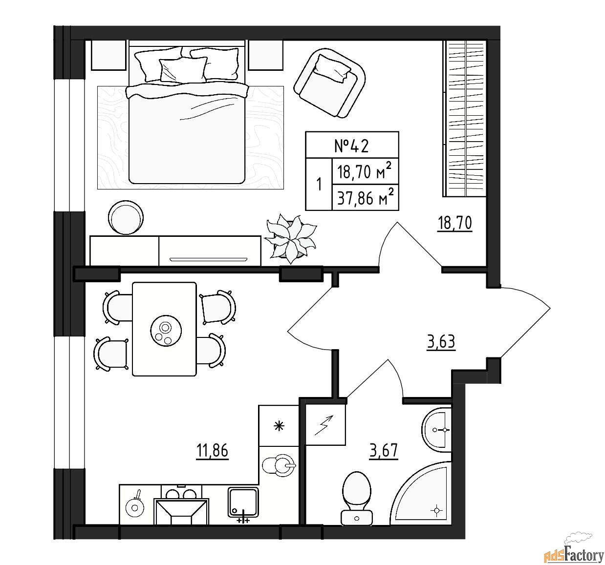 1 - комн.  квартира, 37.86 м², 1/4 эт.