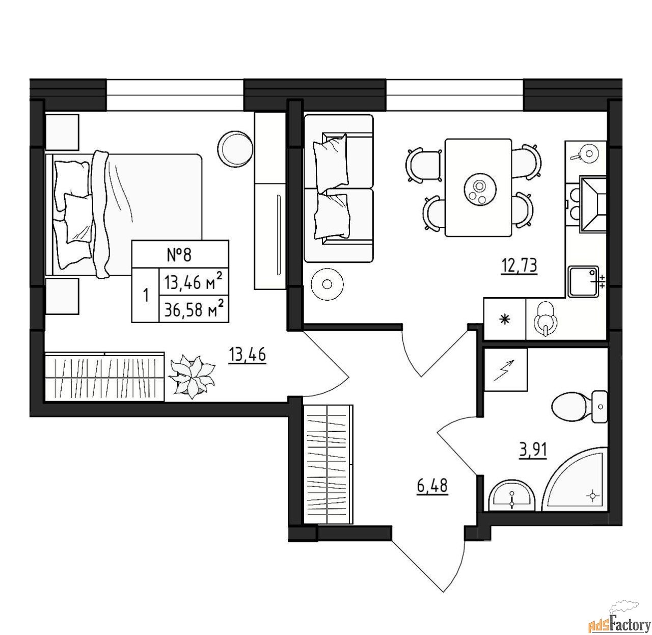 1 - комн.  квартира, 36.58 м², 1/4 эт.