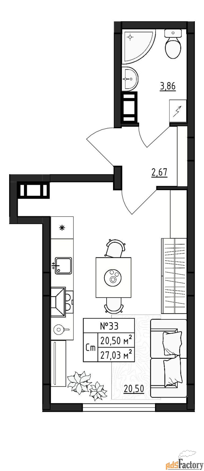 1 - комн.  квартира, 27.03 м², 4/4 эт.