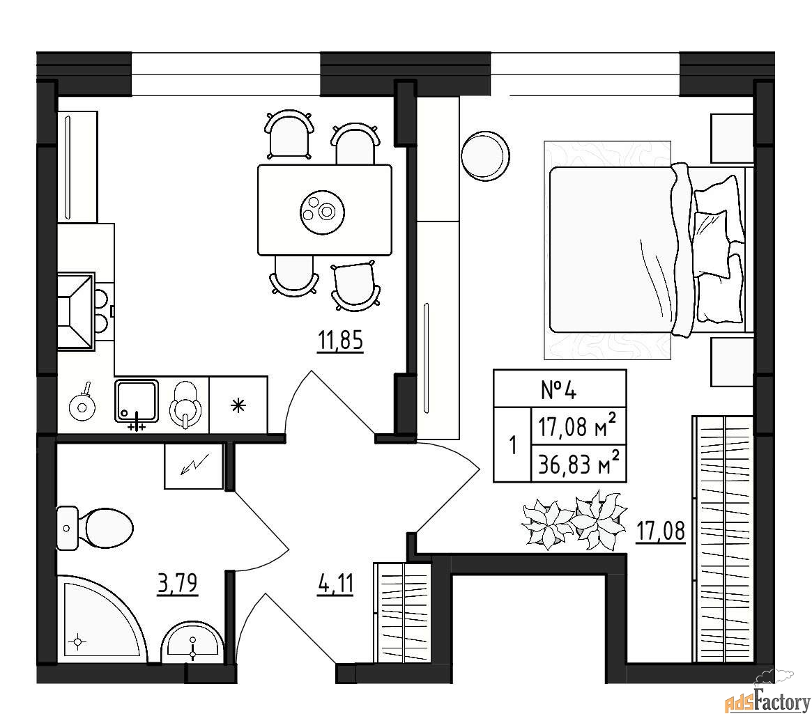 1 - комн.  квартира, 36.83 м², 1/4 эт.
