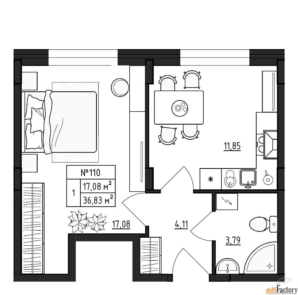 1 - комн.  квартира, 36.83 м², 1/4 эт.