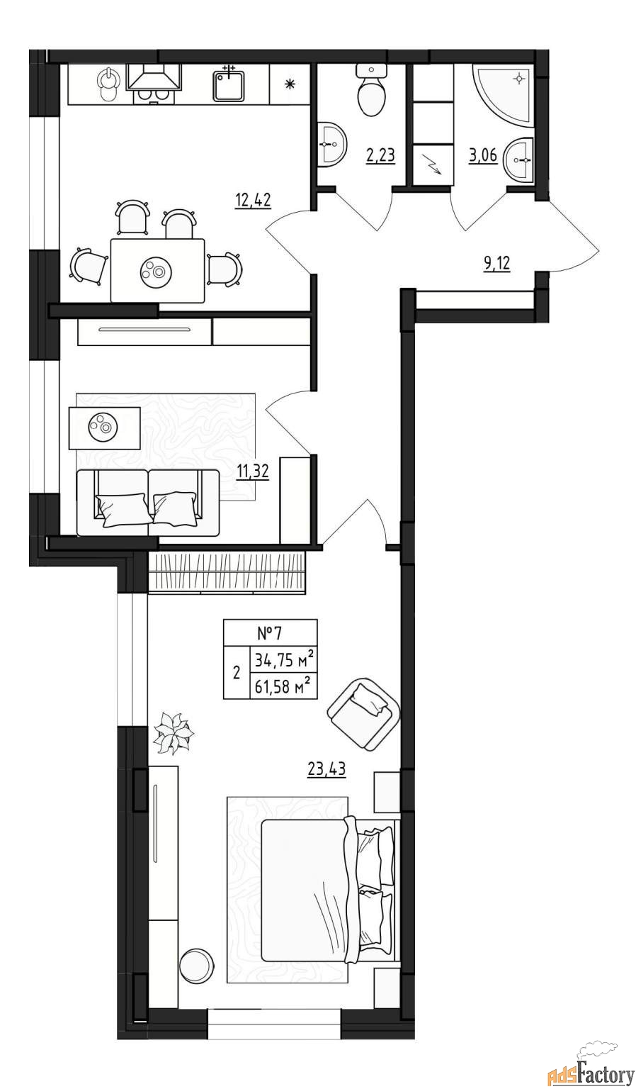 2 - комн.  квартира, 61.58 м², 1/4 эт.
