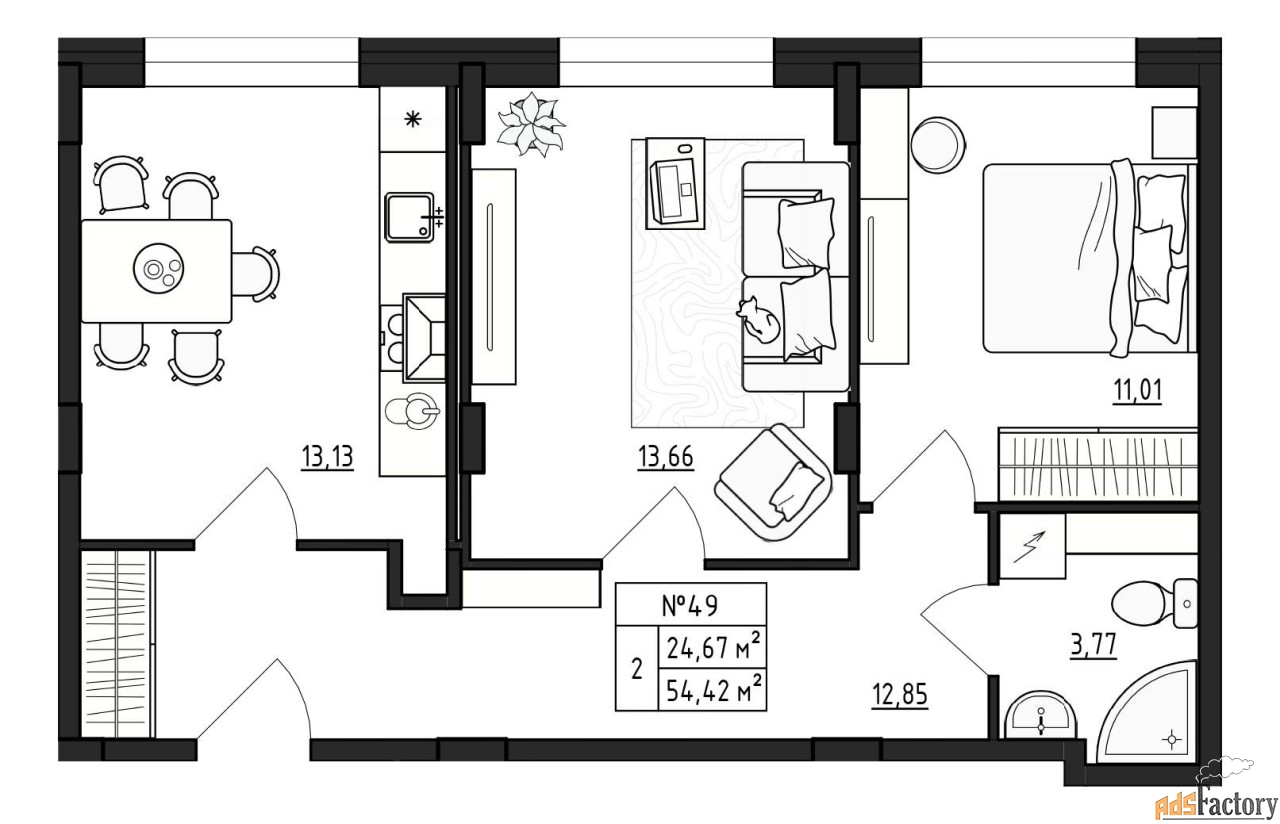 2 - комн.  квартира, 54.42 м², 1/4 эт.