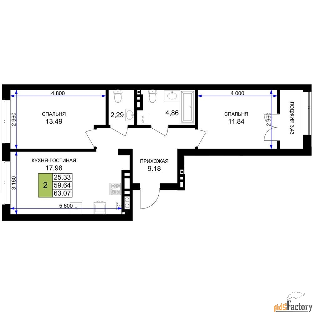 2 - комн.  квартира, 63.07 м², 5/7 эт.