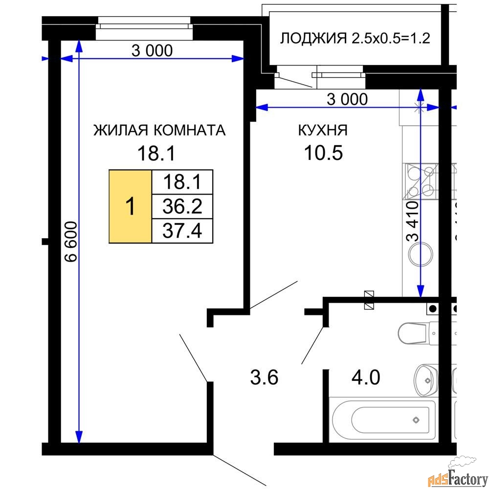 1 - комн.  квартира, 38.25 м², 2/16 эт.