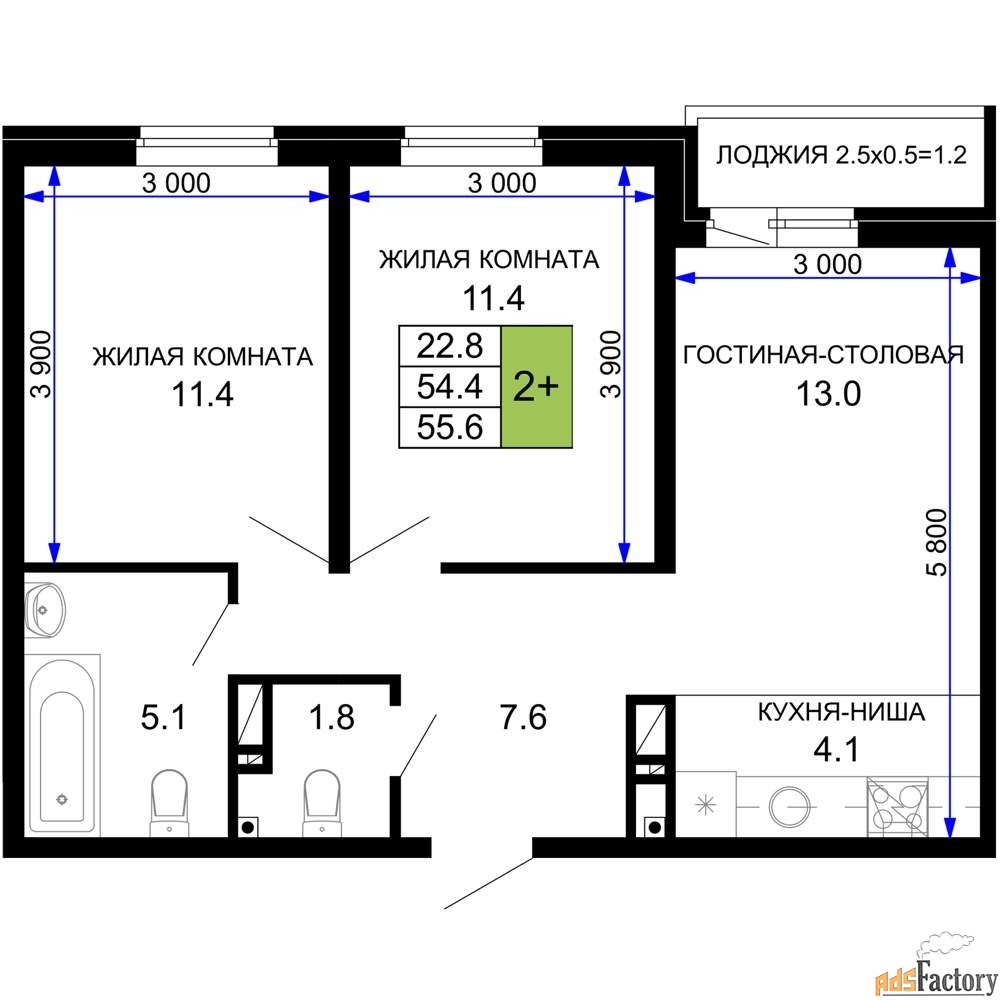 2 - комн.  квартира, 55.95 м², 14/16 эт.