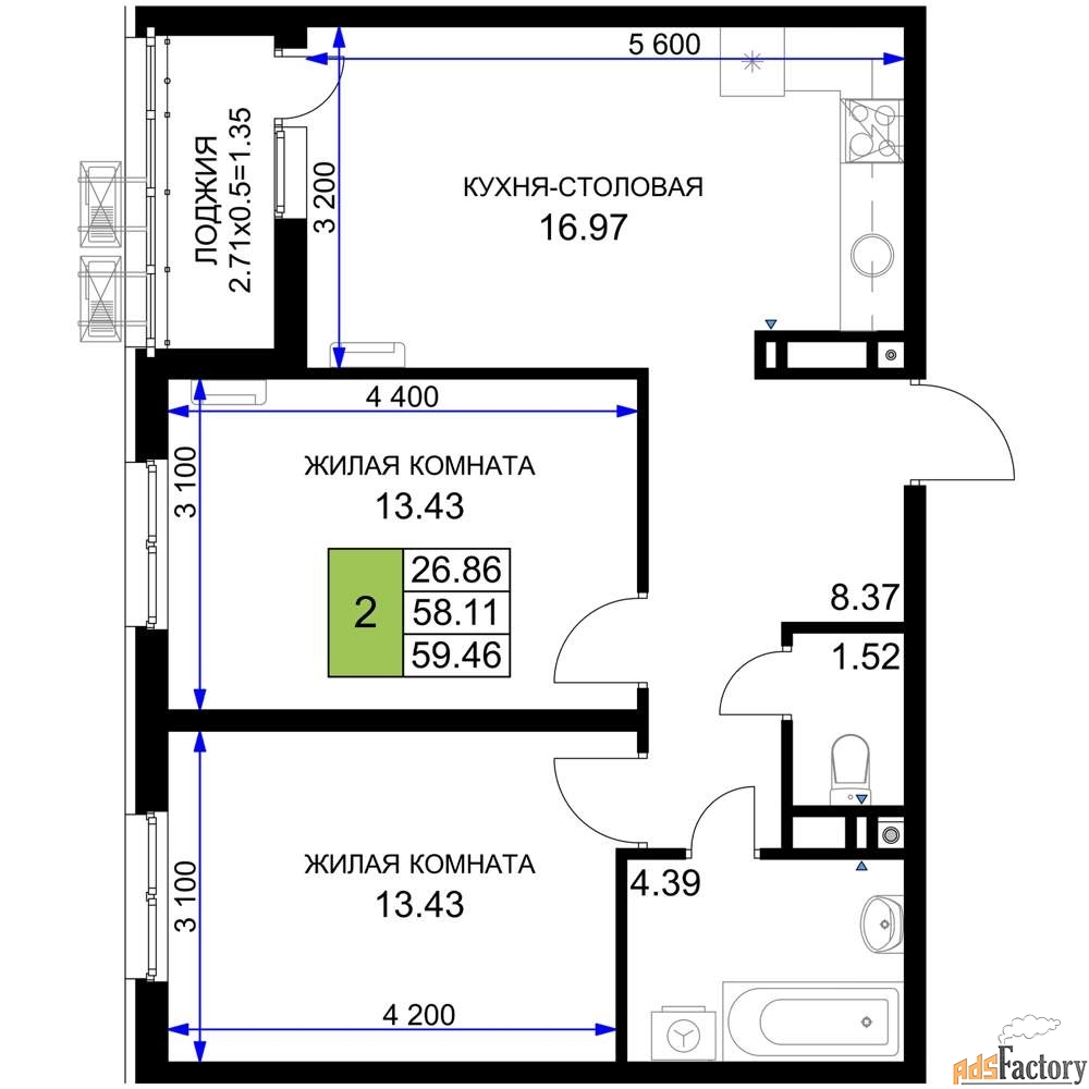2 - комн.  квартира, 59.46 м², 8/18 эт.