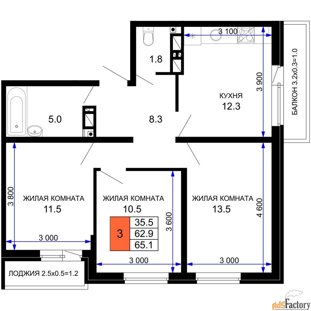 3 - комн. квартира, 66.11 м², 14/16 эт.