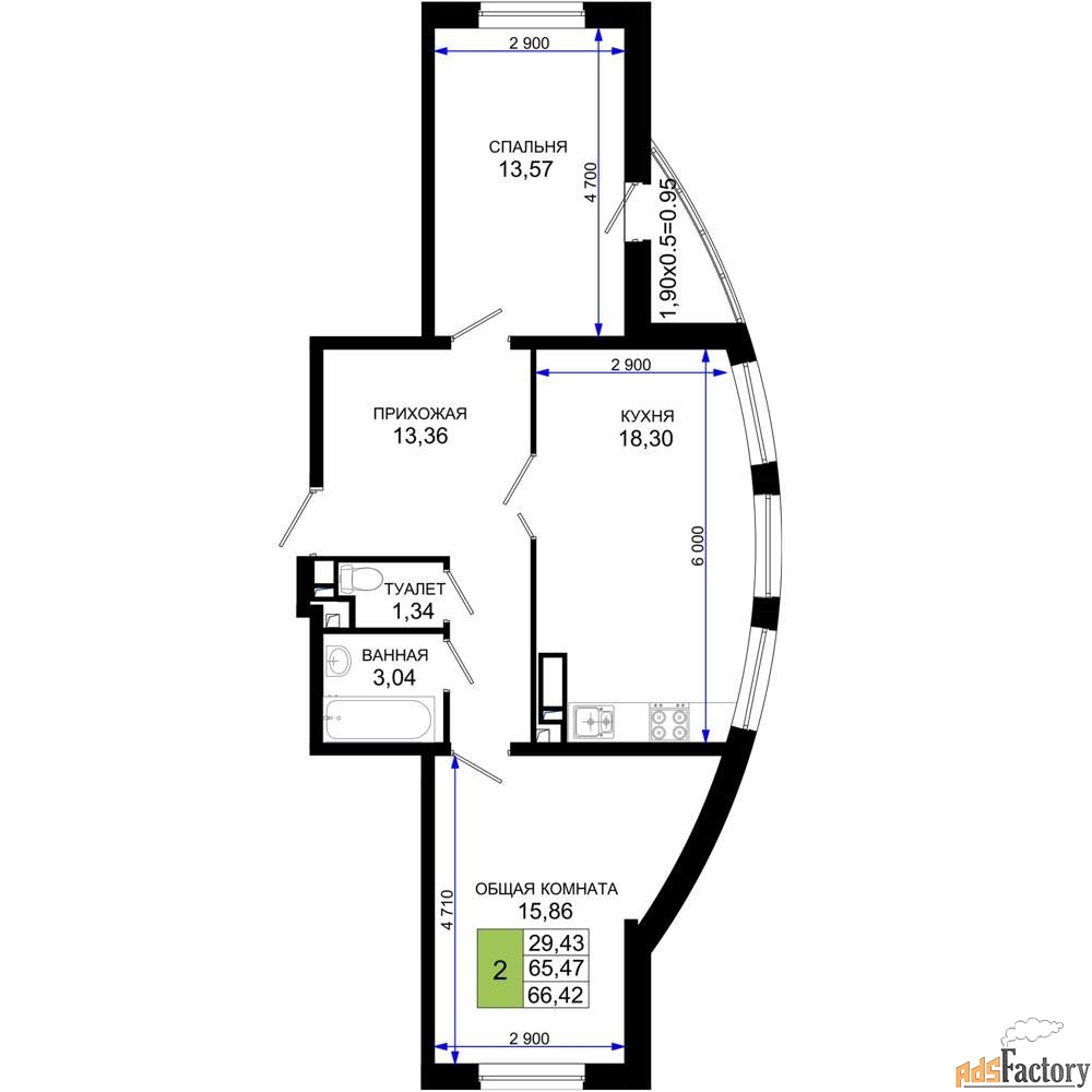 2 - комн. квартира, 66.42 м², 3/19 эт.
