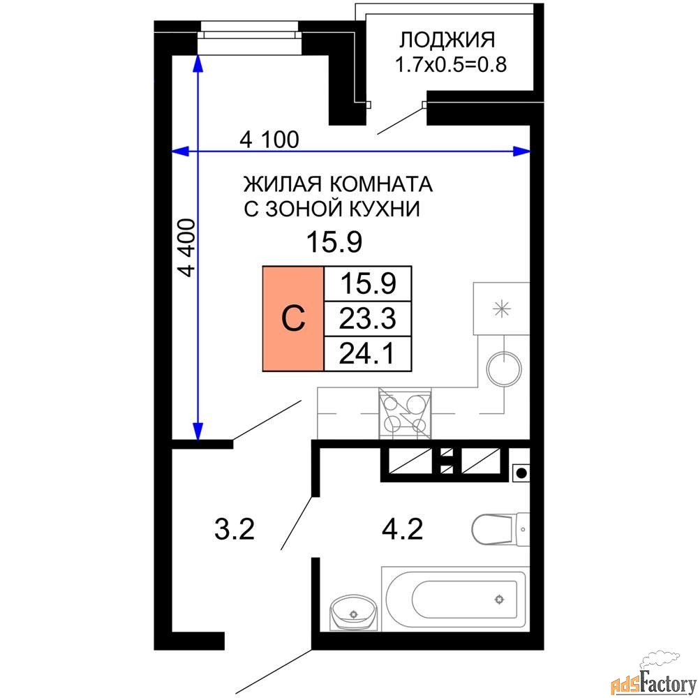 1 - комн. квартира, 24.1 м², 12/16 эт.