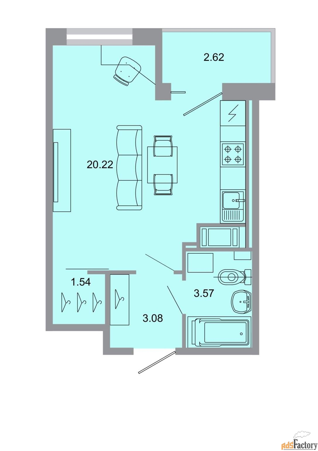 1 - комн. квартира, 28.8 м², 4/15 эт.